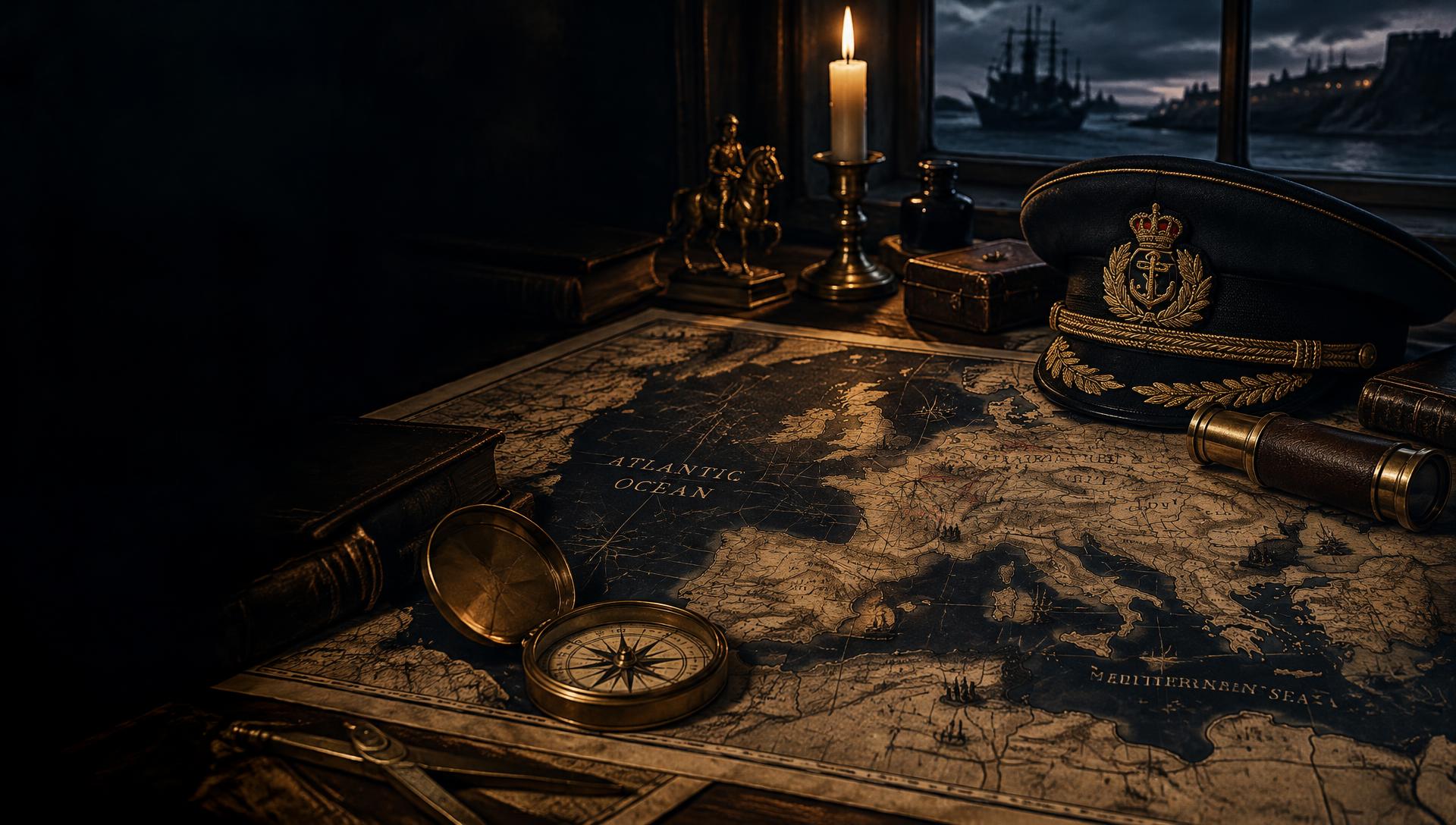 Illustrative antique campaign map with compass and officer's cap